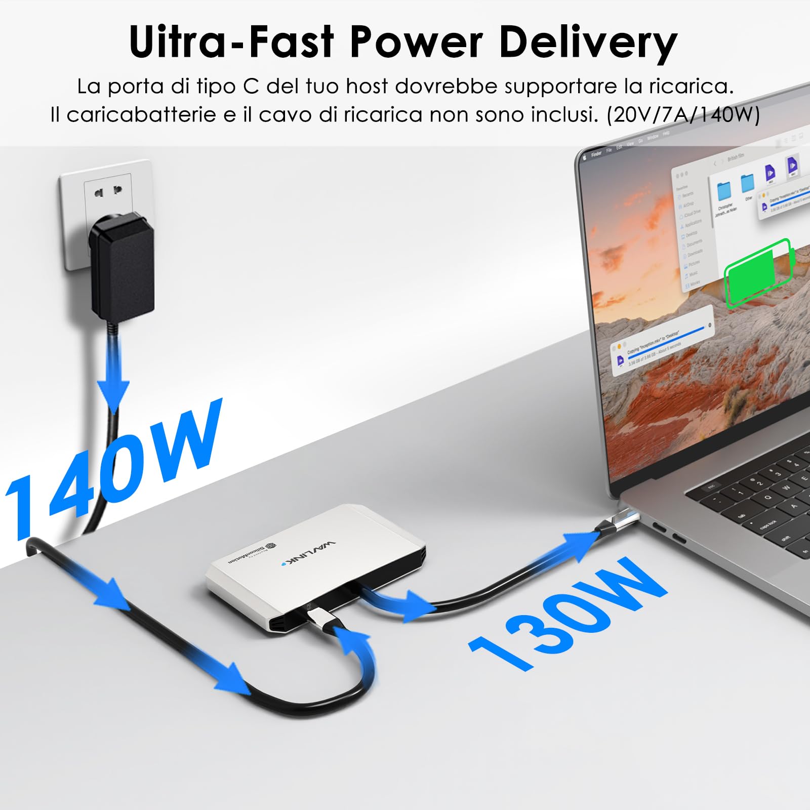 WAVLINK Adattatore da USB C a HDMI, adattatore per quattro monitor per sistemi macOS M1/M2/M3/M4, ingresso PD da 140 W, 4 HDMI, uscita quadrupla 4K, driver SMI e host USB 3.2 richiesti