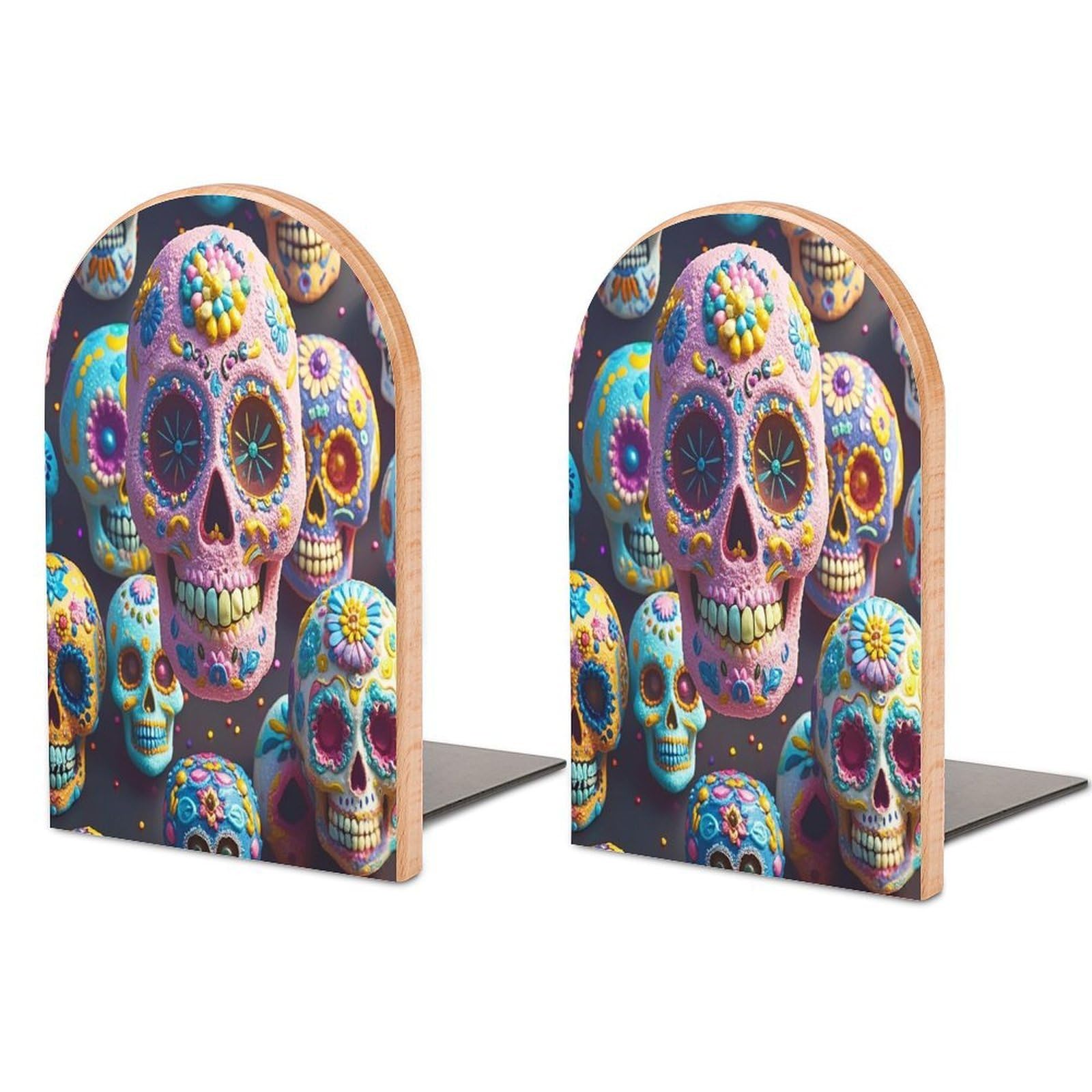 Sugar Skull Bookend Non-Skid Wooden Bookends for Shelves Heavy Duty Wood Book Ends Decorative Book Stopper Book Stand Non-Slip Book Organizer for Home Office Library