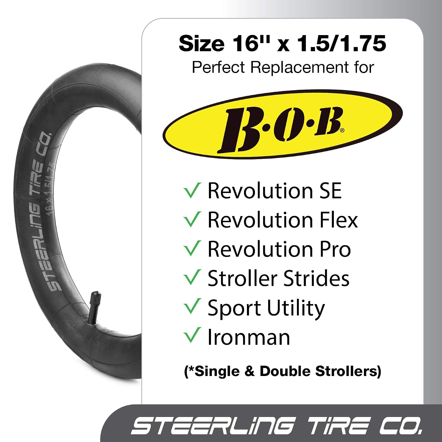 16 x 1.5/1.75 Stroller Tire Tube Heavy Duty - Thorn Resistant Inner Tube for All BOB Revolution Strollers, Sport Utility, Ironman & Alterrain [2-Pack] BOB Stroller Tire Replacement
