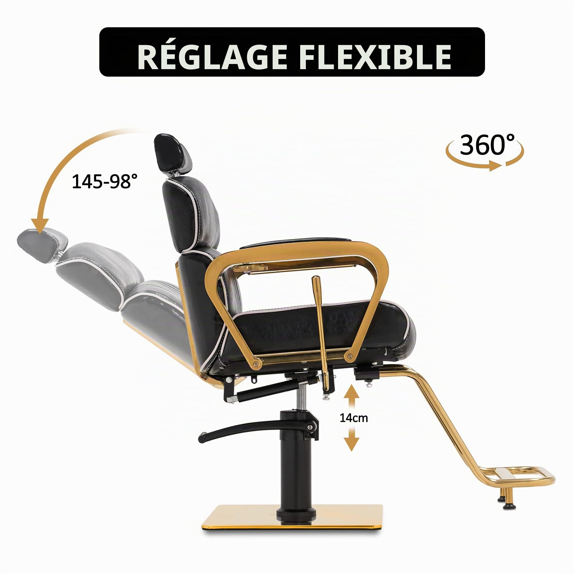 Barberpub 3078 - Fauteuil de coiffeur avec appuie-tête - Hauteur réglable et inclinable - Pour homme et femme - En cuir synthétique - Style vintage rétro - Noir et doré
