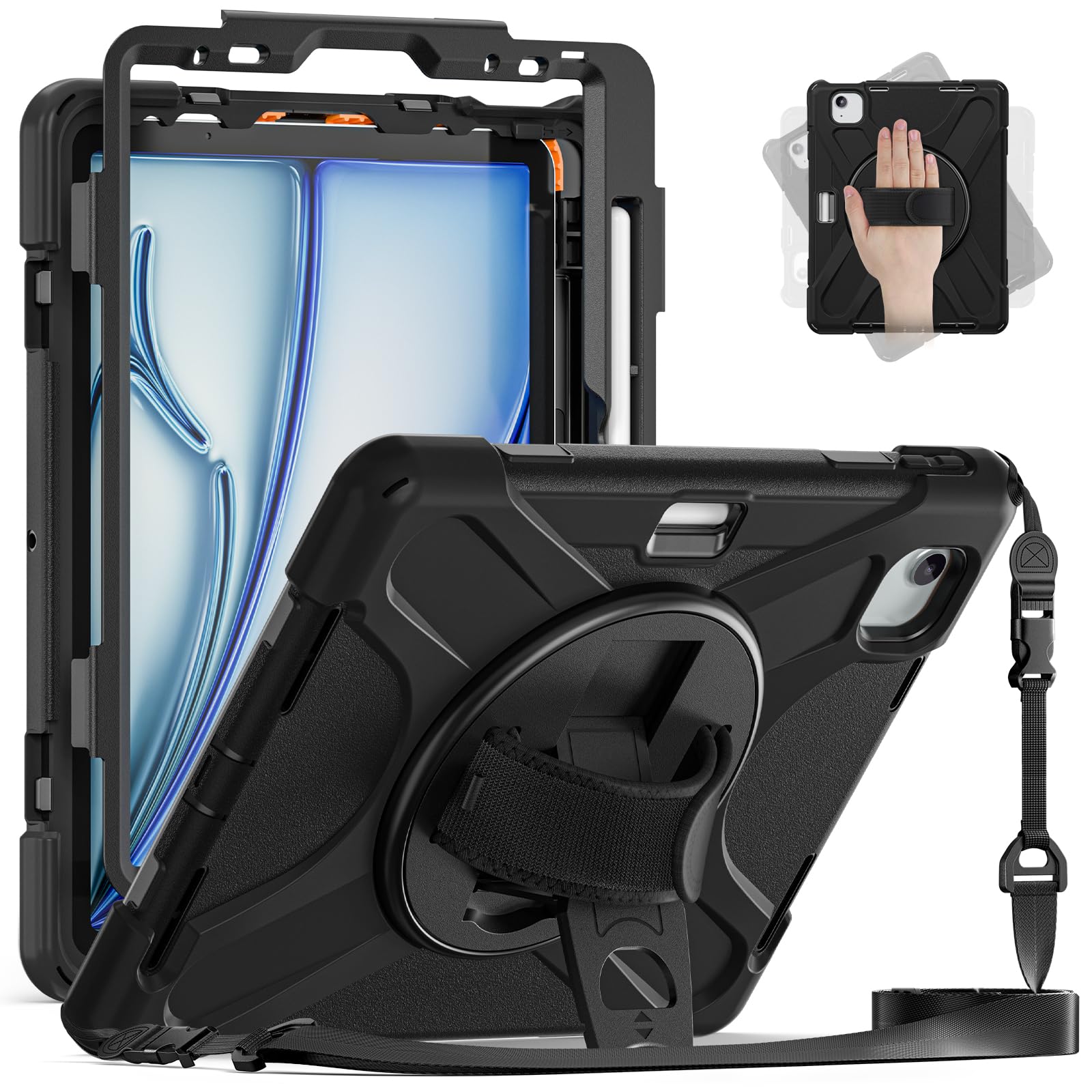 BRAECN for iPad Air 11 Inch M3 2025/M2 2024,iPad Air 5th/ 4th Gen 10.9 Inch Shockproof Durable Silicone Case with 360 Rotating Hand Strap&Kickstand