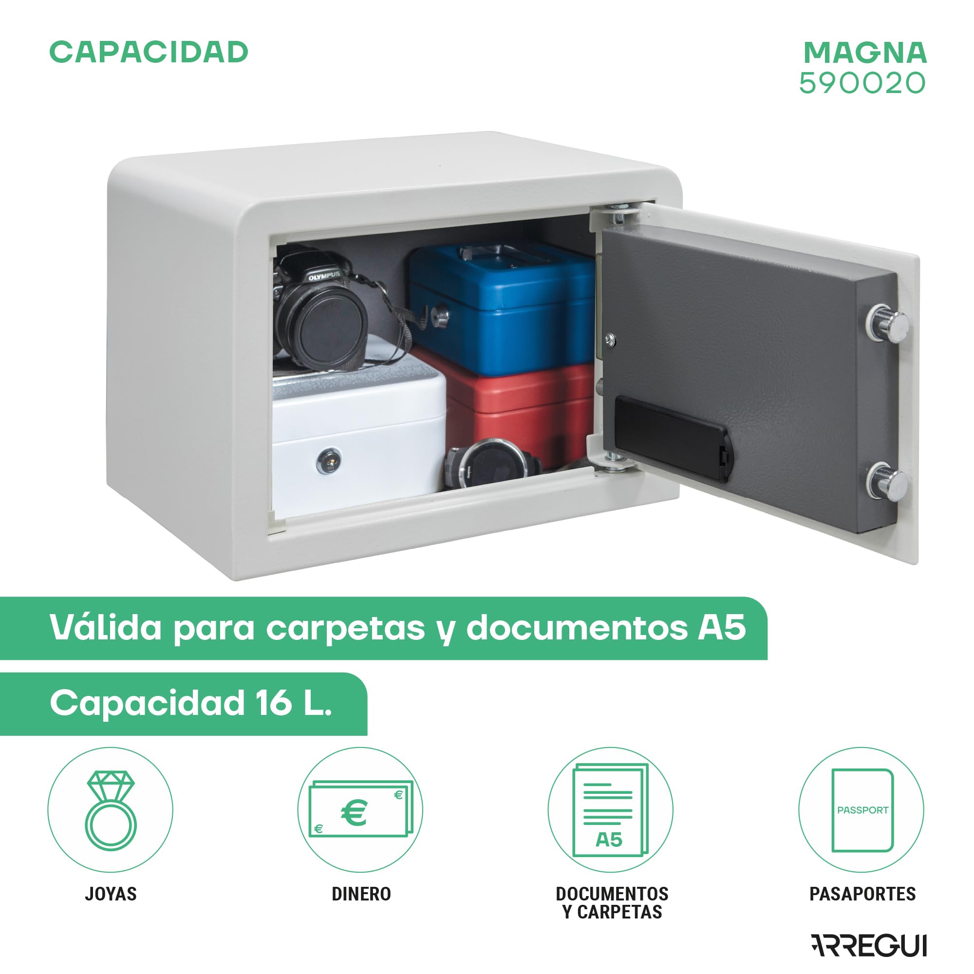 ARREGUI Magna 590020 Caja Fuerte con Cerradura de Doble Seguridad | Caja de Seguridad de Apertura con Codigo más Llave | Caja Fuerte Pequeña para Casa, Hogar, Negocios | 25x35x25 cm | 16 L