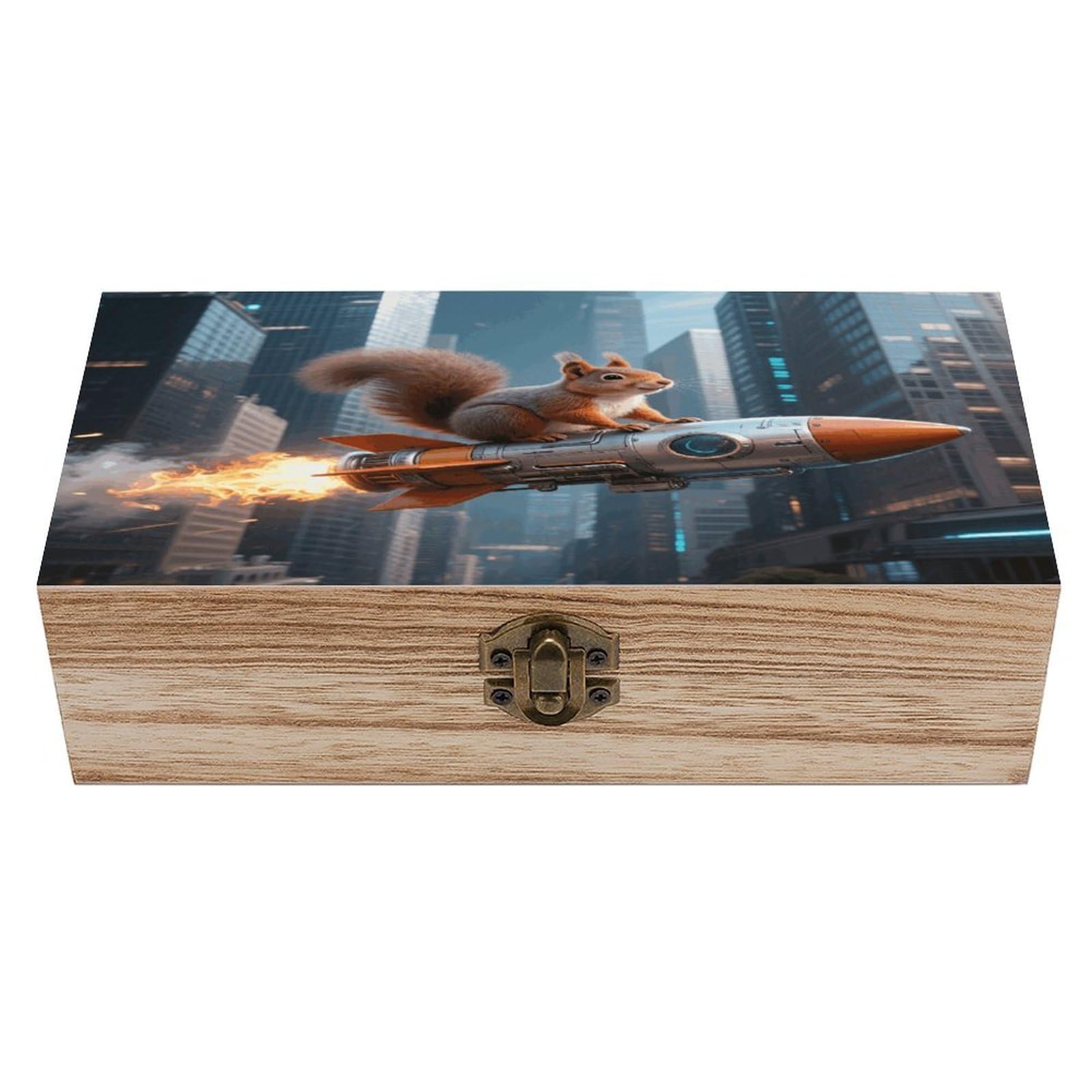 VstaDank Rocket Squirrel Wooden Storage Box Vintage Style Wooden Storage Case with A Hinged Lid Memory Treasure Boxes Decorative Jewelny Photos for Organizer 7.9 * 3.7 * 2.3 Inch