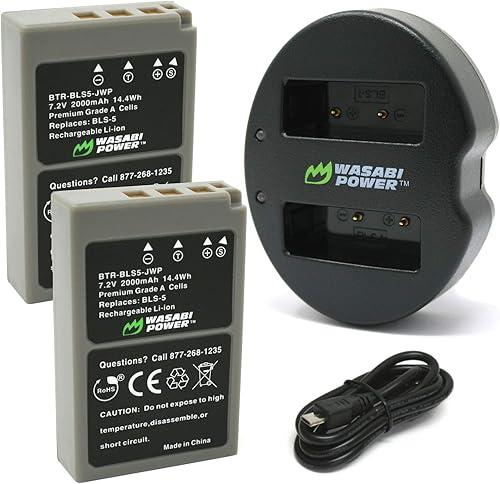 Wasabi Power Batería (paquete de 2), cargador dual para Olympus BLS-5, BLS-50, PS-BLS5, BLS-1, PS-BLS1, E-420, E-450, E-600, E-620, Pen E-P1, E-P2,