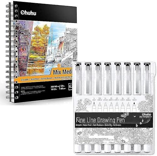 Miniatura 1 de Ohuhu Fineliner - Juego de 8 rotuladores de dibujo de líneas ultrafinas + bloc de medios mixtos, 10 x 7.6 pulgadas, cuaderno de bocetos de arte mixto