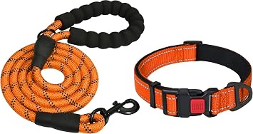 Taglory 18"-28" Length, 1 1/4" Wide Dog Collar and Leash Set, 1/2" x 6 FT Highly Reflective Threads Dog Leash for Large Dogs,Orange