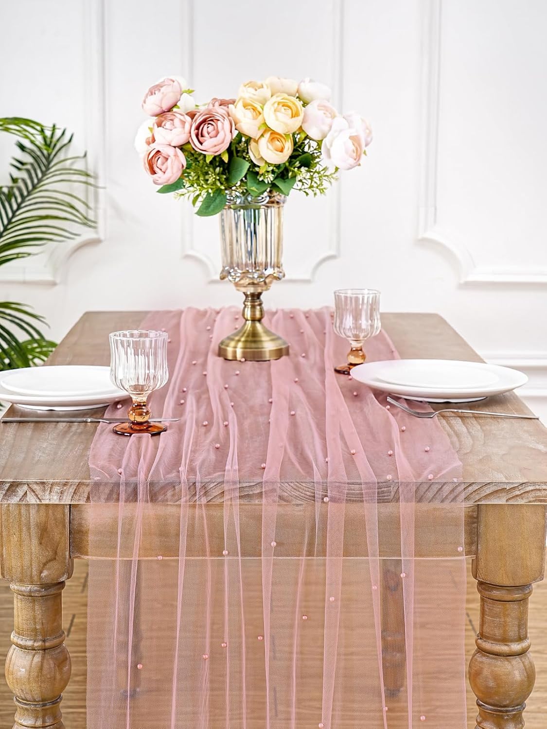 LuoluoHouse Dusty Pink Pearl Table Runner: Tulle 10ft Pearl Tulle Fabric Centerpieces Wedding Lace Tablecover Arch for Bridal Shower Veil Baby Shower Sweetheart Birthday Table Decorations