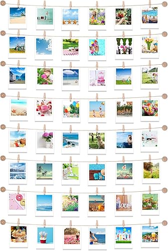 Mudder Exhibición de fotos colgante con 50 clips, cadena de fotos con clips, decoración de pared de madera bohemia, guirnalda de madera para colgar