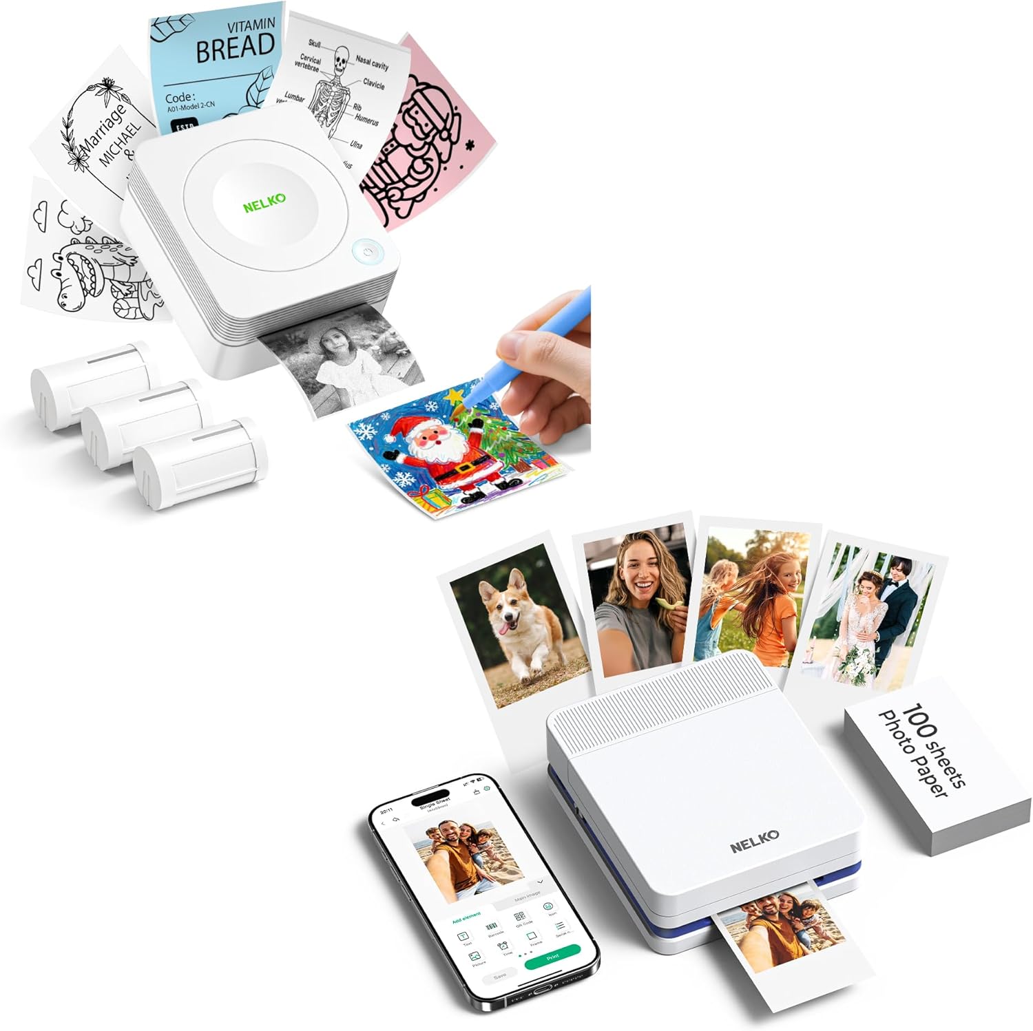 Nelko PM230 Sticker Printer, PP03 Portable Photo Printer with 100 Sheets of Photo Paper, White