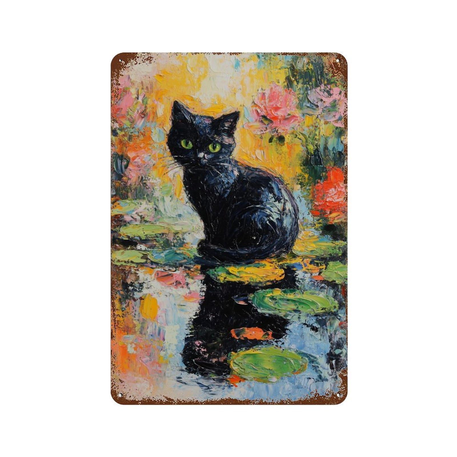 Rust Effect Black Cat on Lily Pads Rusty Metal Tin Sign 11.8"x7.9", Decorative Metal Wall Art for Farmhouse, Kitchen And Entryway Decor