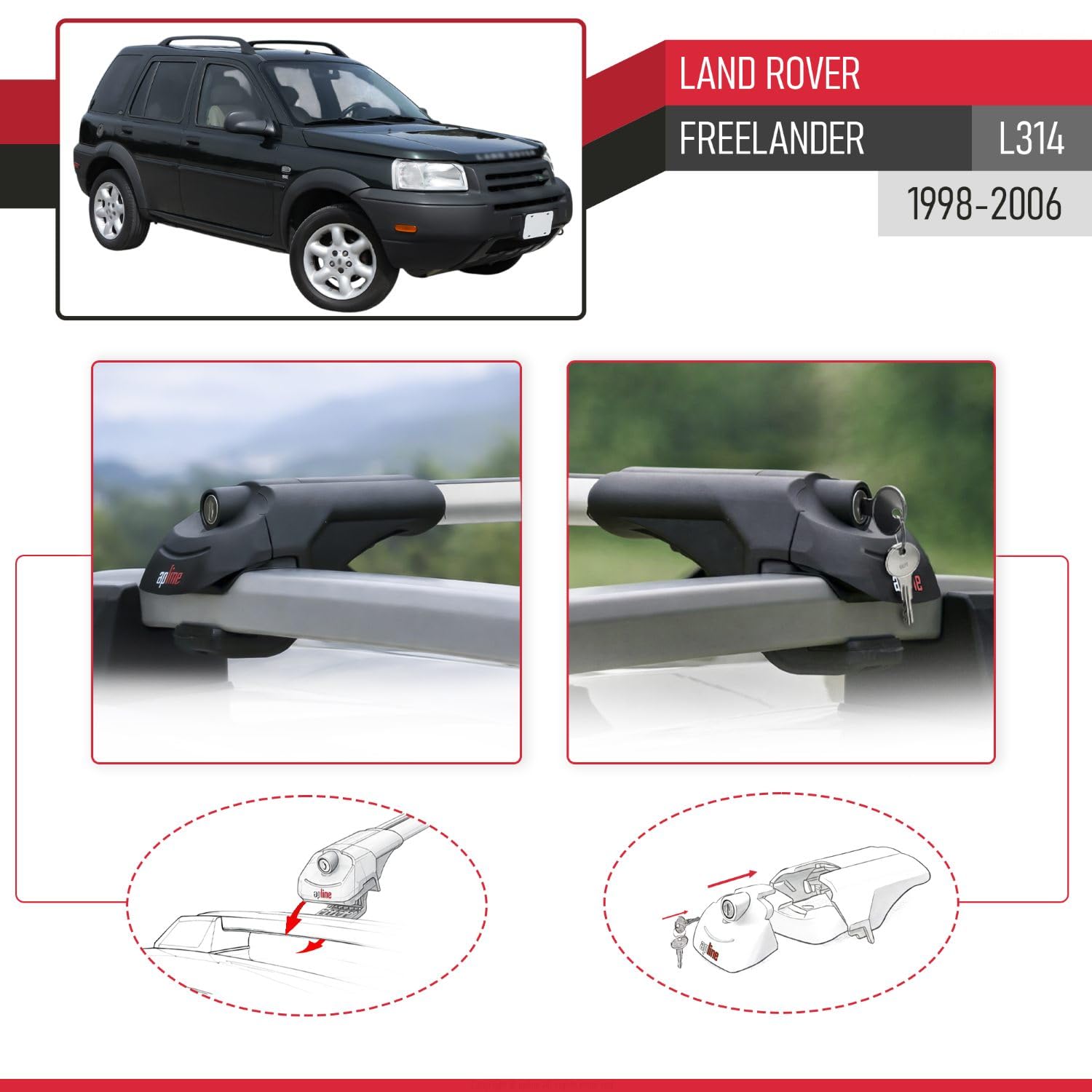 Barras De Techo Aluminio Gris Para Land Rover Freelander (L314) 1998-2006, ACE-1, Carga Hasta 75 Kg, Con Llave Antirrobo