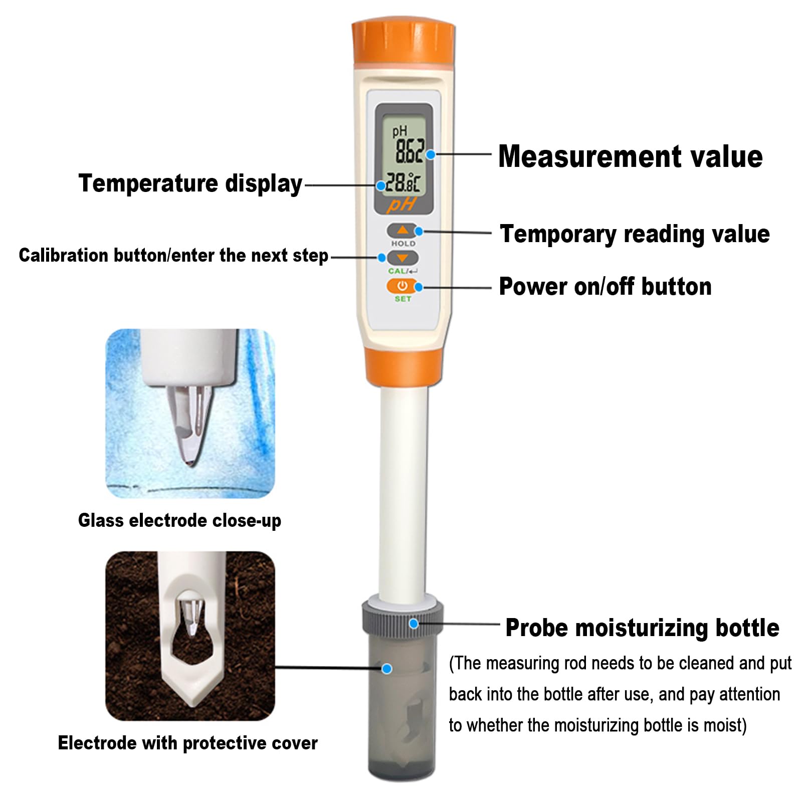 Medidor De PH De Suelo ATC, 0~14 PH/0,01 PH, Calibrable En 3 Puntos, Sonda/Cubierta Protectora Extraíble, Varilla De Medición Intercambiable, para Emulsiones, Suelo Y Carne