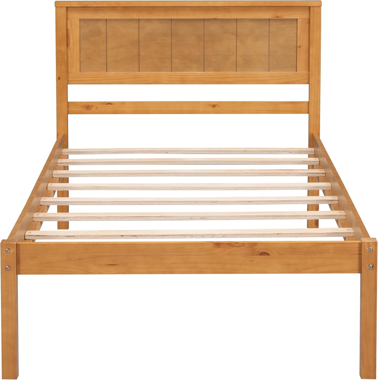 SOFTSEA Twin Size Platform Bed with Headboard for Bedroom, Solid Wood Bed Frame with Slat Support, No Box Spring Needed, Easy Assembly, Oak