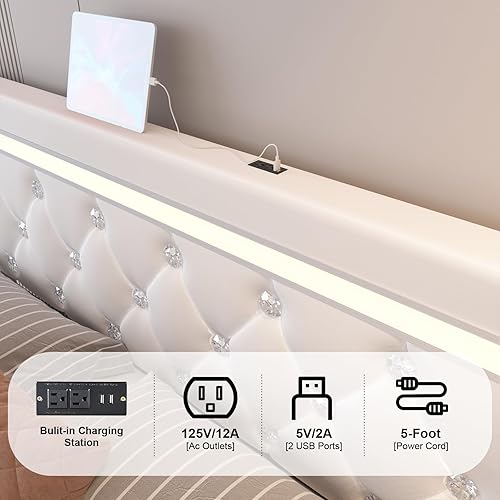 Miniatura 4 de Benevika Base de cama tamaño Queen con 4 cajones y cabecera LED ajustable, plataforma tapizada de piel sintética con estación de carga, soporte de