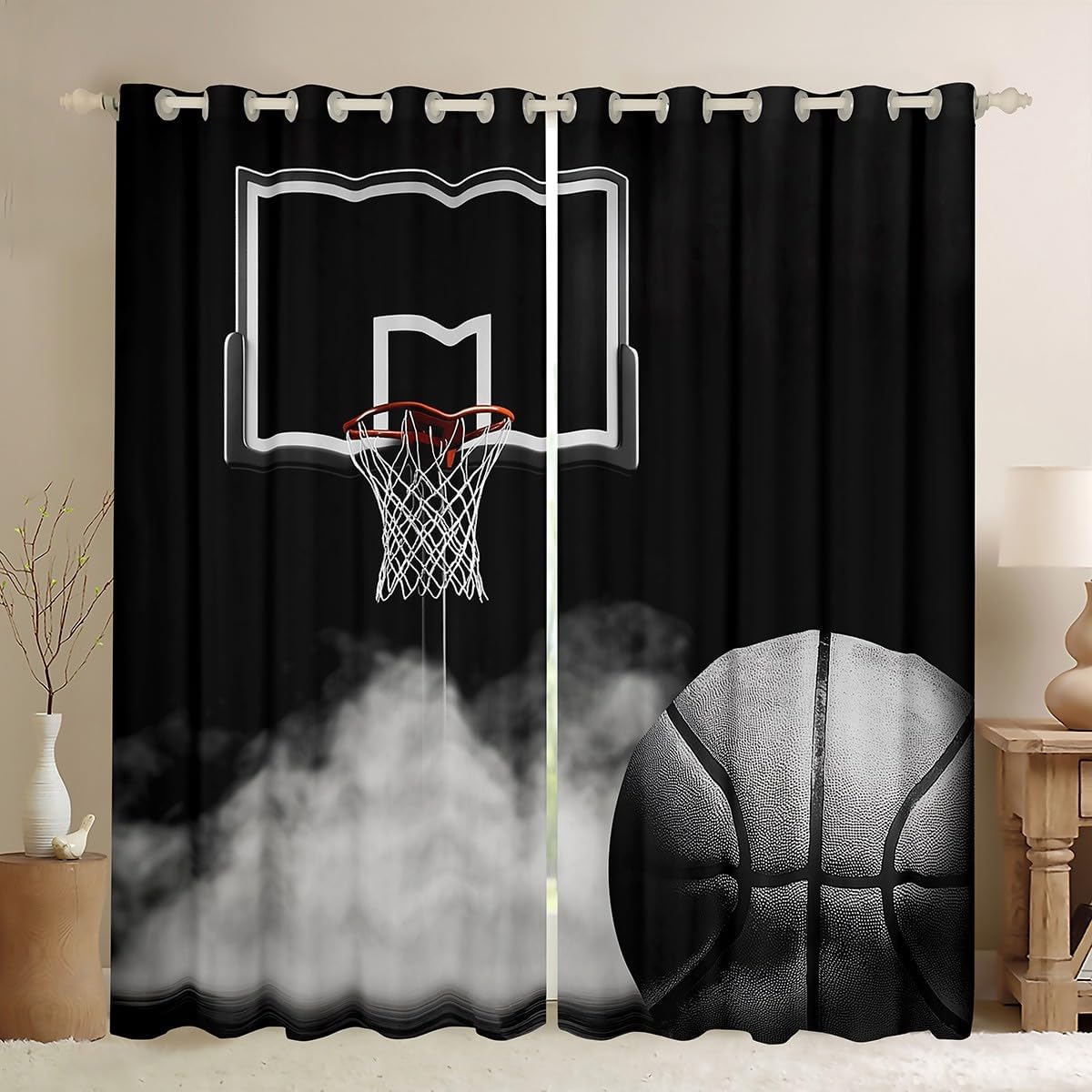 Feelyou Basketball Curtains for Girls Boys Children Black 3D Ball Basketball Court Window Treatments Decorative Sports Theme Window Drapes Competitive Games Window Curtain (2 Panels, 52 x 84 Inch)