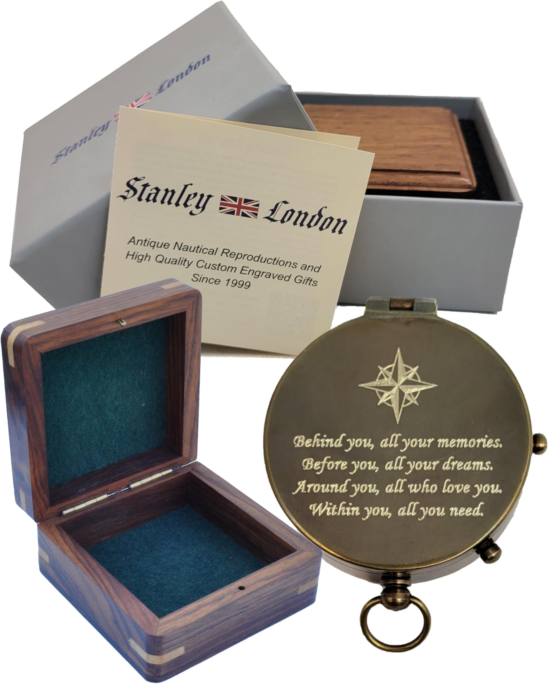 Personalized Antique Brass Pocket Compass with Custom Engraving – Engraved Compass Gift for Graduation, Father’s Day, Anniversary, Travel, or Family Heirloom – Optional Hardwood Box