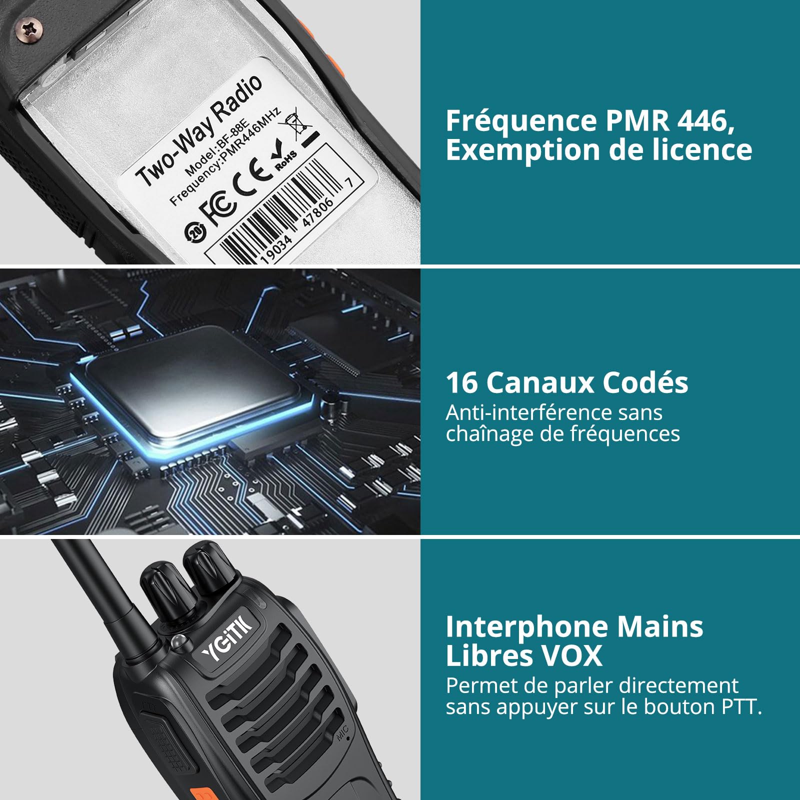 Talkie Walkie Rechargeable Longue Portée 16 Canaux PMR Talkies-Walkies Radio, Radio sans Licence, Fonction VOX, Lampe LED, Portatif pour Extérieur, École, Maison (2 Unités)