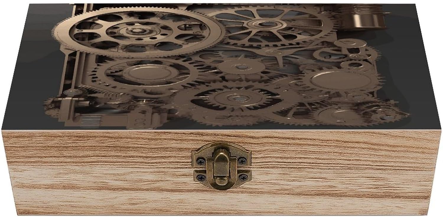 Steampunk Mechanical Gears Wooden Keepsake Box Wooden Box with Hinged Lid Decorative Storage Boxes Unique Gift Ideas for Men & Women (Size 7.9" X 3.9" X 2.3")