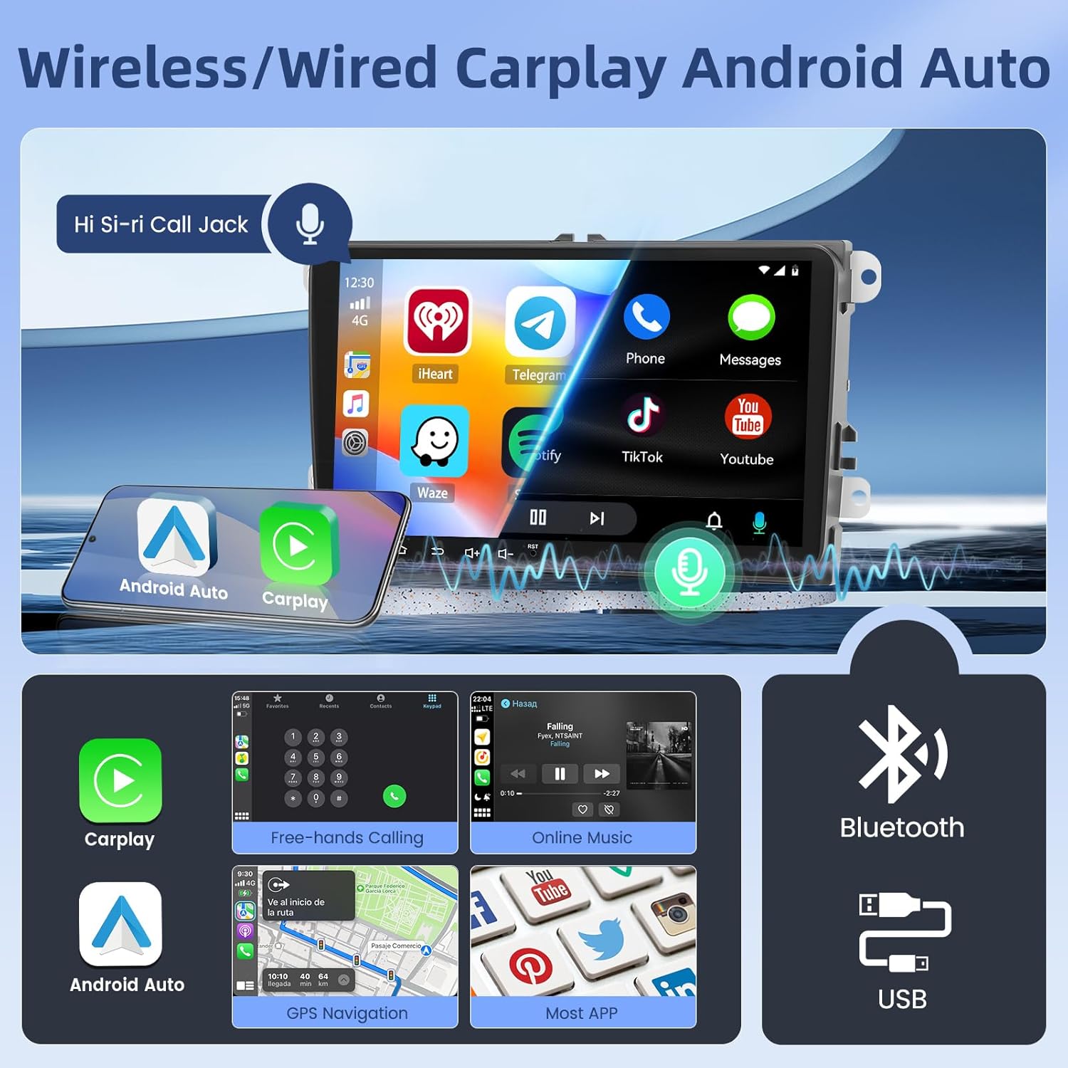 Wireless CarPlay and Android Auto interface on Hikity car radio