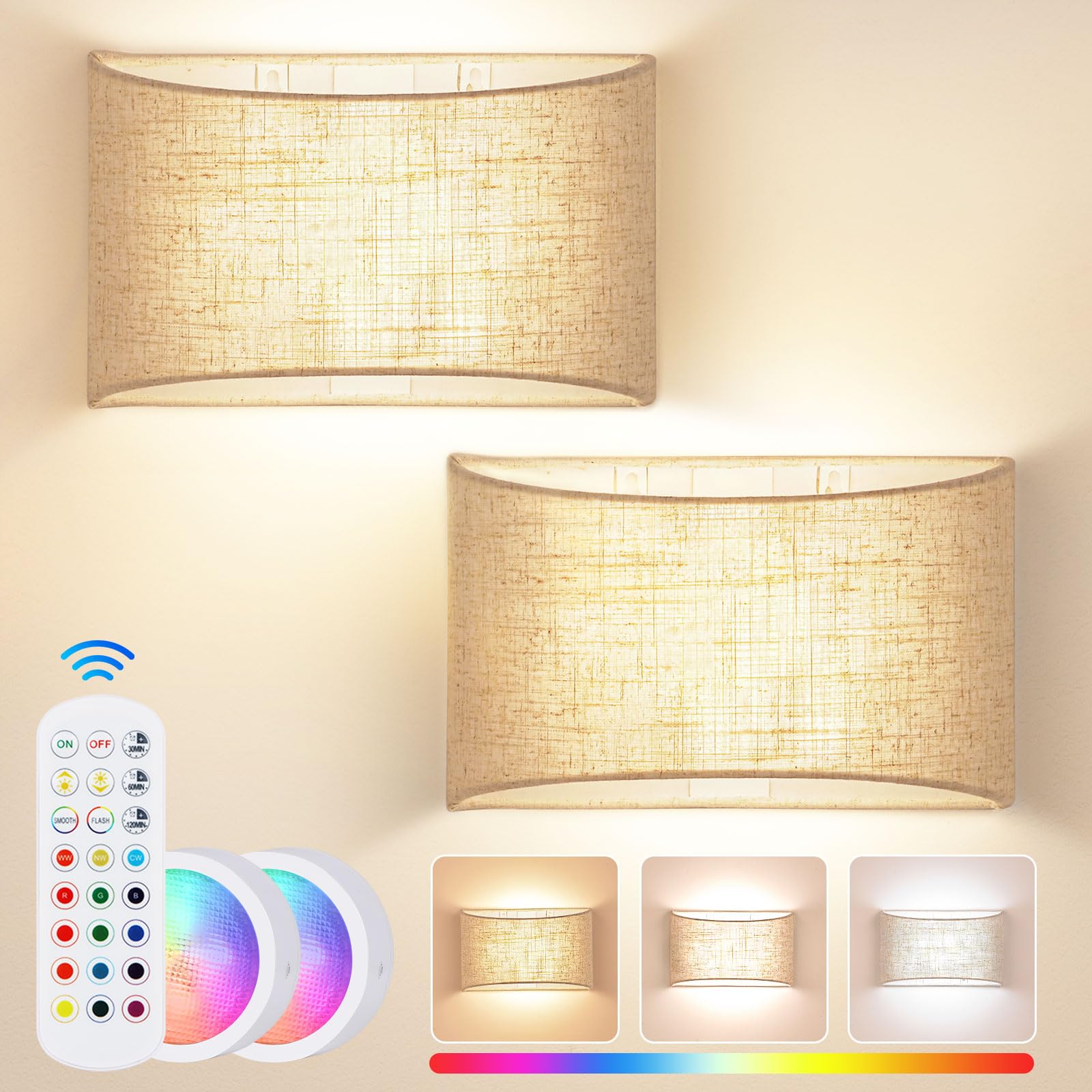 Battery Operated Wall Sconces Set of Two, Dimmable Wireless Wall Lamps with Remote, 15 Colors & Timer, Not Hardwired Wall Lights with Cream Fabric Shade for Rooms Wall Decor, 2 Magnetic Bulbs Included