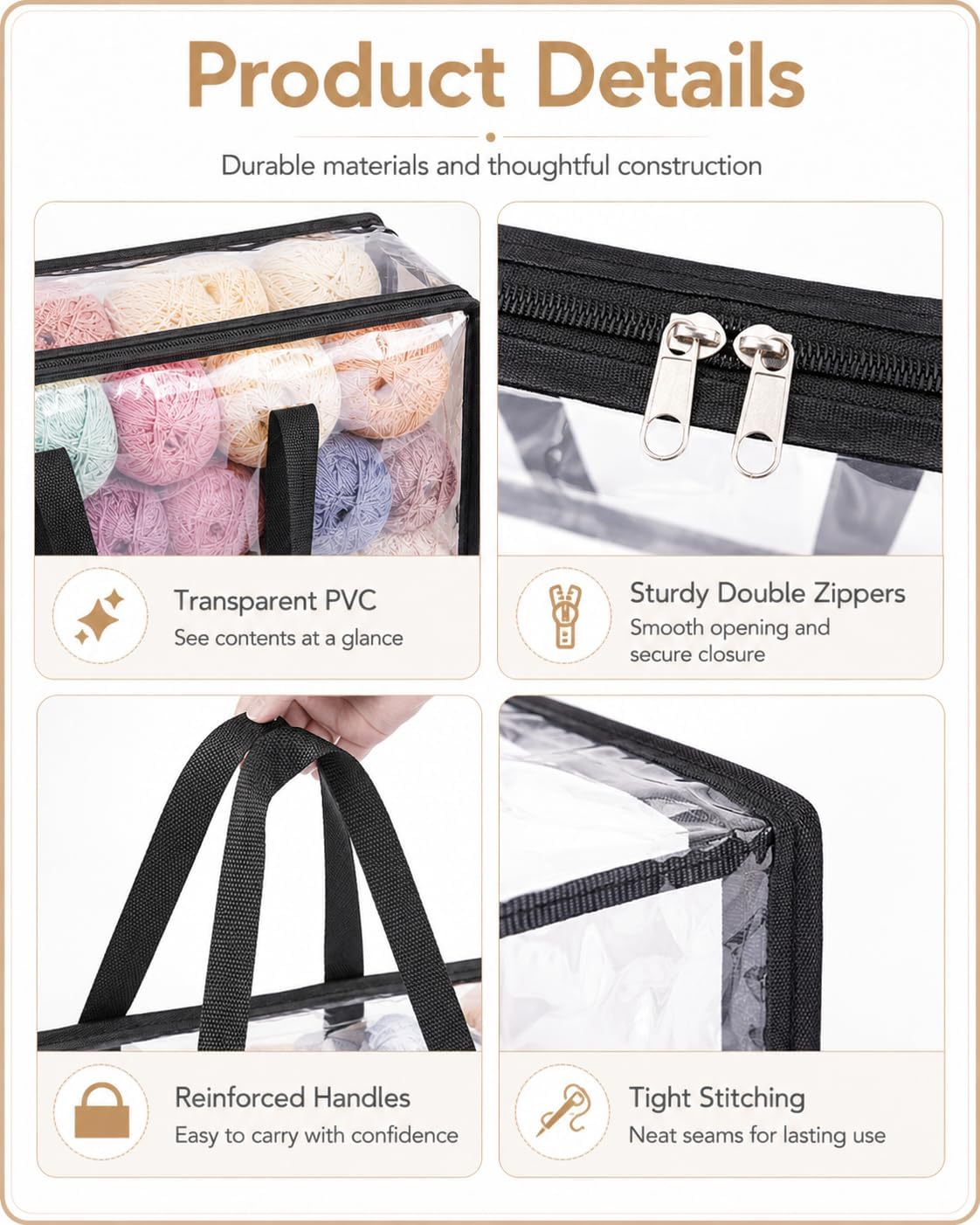 6 Packs Yarn Storage Bags, 18"x15"x9" Large Yarn Bag with Dual Zippers & Handles, Clear Yarn Storage Organizer for Yarn Balls, Knitting & Crochet Projects, Includes 2 Small Accessory Bags