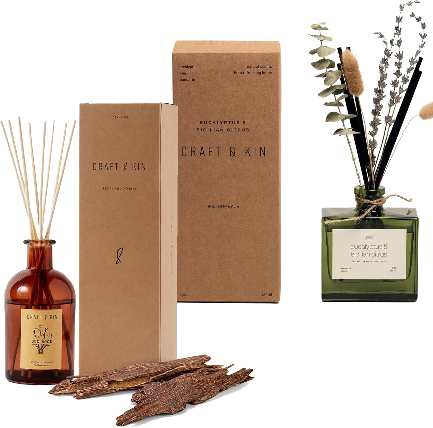 Craft & Kin Twin Oud Wood Reed Diffuser Set | Fall Fragrance, 8 Rattan Scented Sticks | All-Natural Essential Oil & Elegant Amber Glass Vases