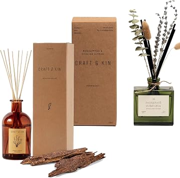 Craft & Kin Twin Oud Wood Reed Diffuser Set | Fall Fragrance, 8 Rattan Scented Sticks | All-Natural Essential Oil & Elegant Amber Glass Vases
