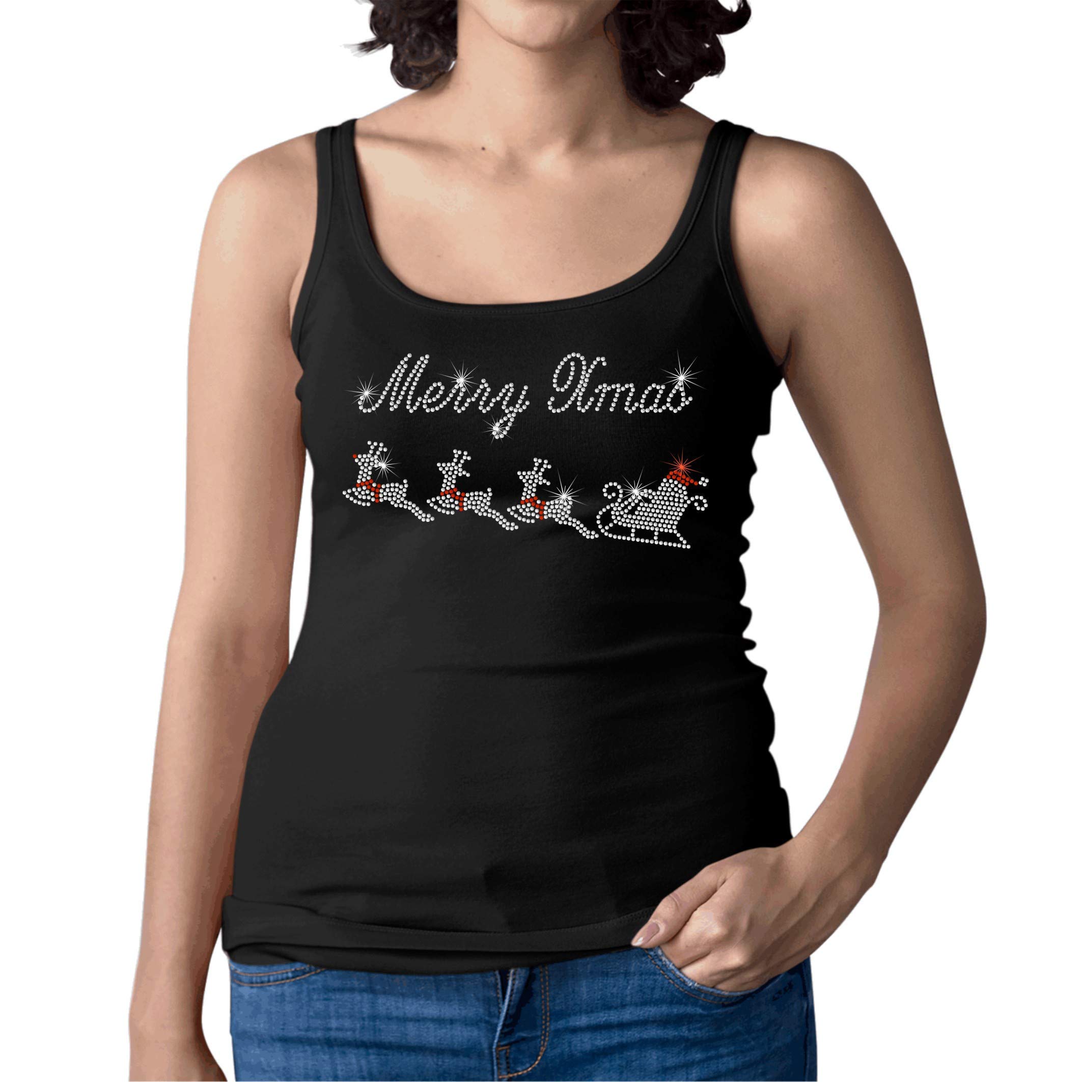 Merry Christmas Rhinestone Ladies Vest Tank Top - Santa Rudolph Sledge Diamante Design - Xmas Party - Size 6 to 16 (16 XX-Large) Black