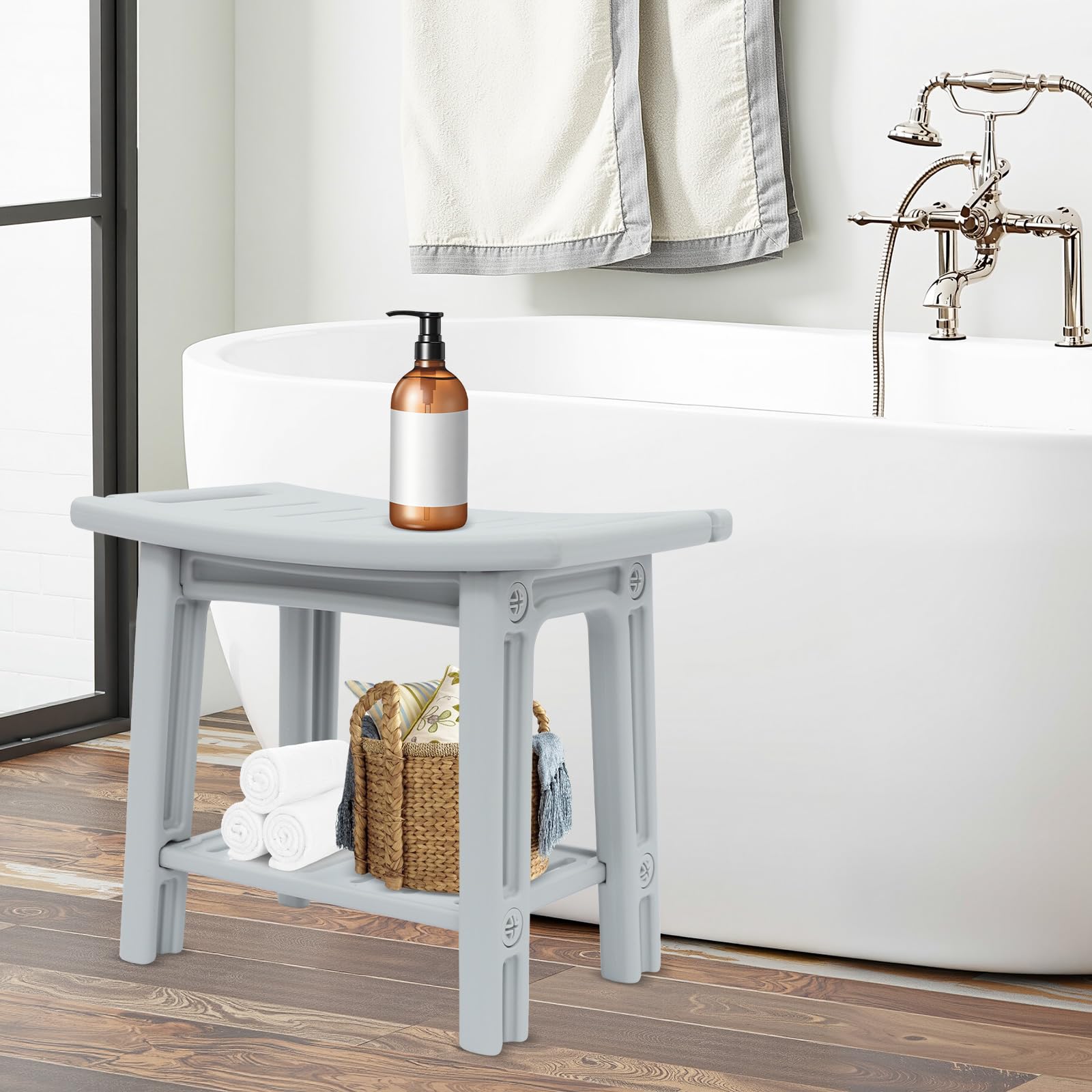 Taburete de ducha con estante, silla de ducha para personas mayores, soporta 70 kg, antideslizante, estable y cómodo, taburete de baño ligero, 56 x 32 x 46 cm, gris
