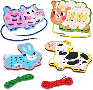 Atoylink 4 Pack Farm Animals Lacing Cards Wooden Threading Lacing Toys for Toddlers Sewing Cards Travel Toys Preschool Kids Fine Motor Skills Educational Toys for 3+ Year Old Boys Girls