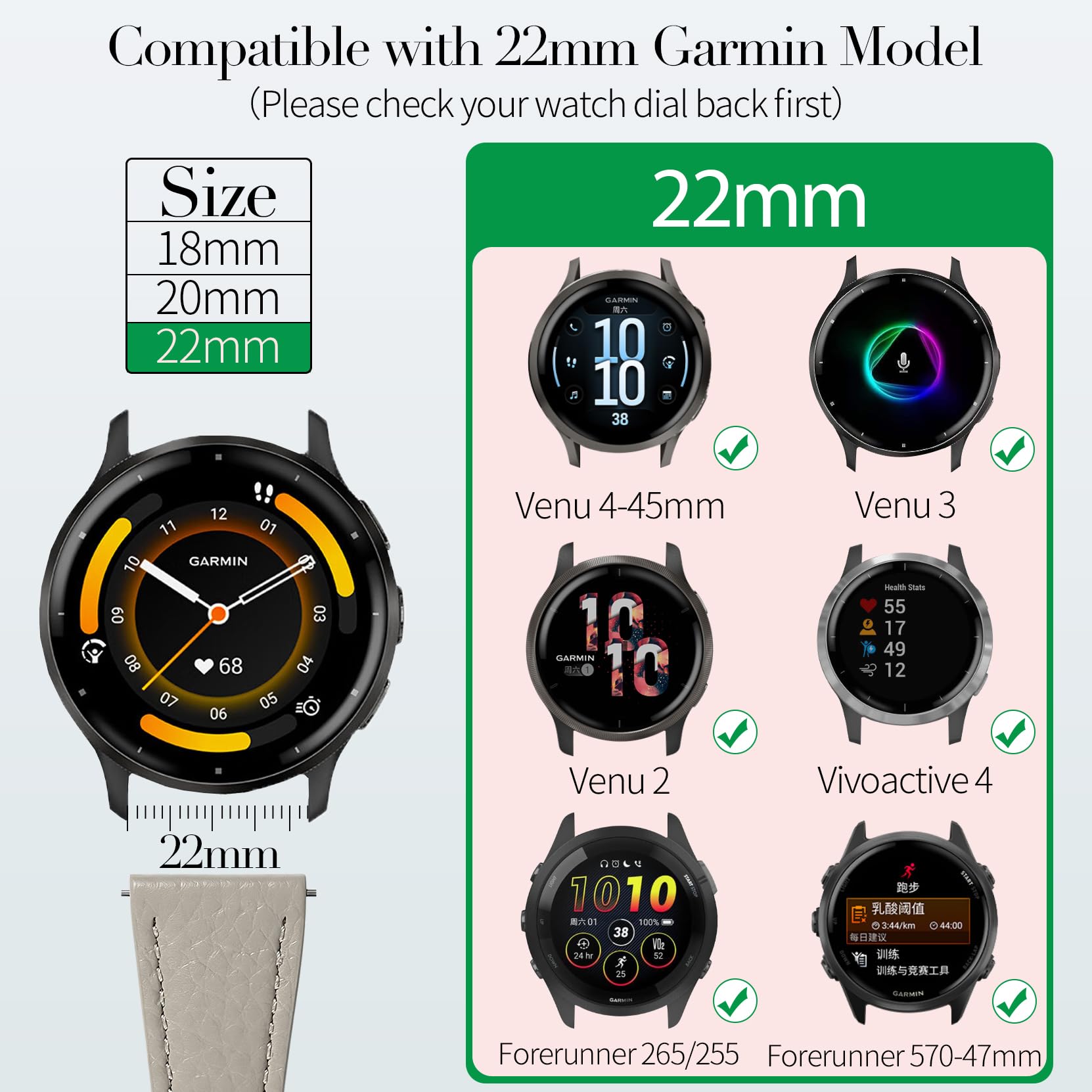 Wąski skórzany pasek 22 mm, kompatybilny z zegarkiem Garmin Venu 3 / Venu 4 45 mm/Venu 2, cienkie miękkie wąskie paski do zegarka Forerunner 265/255/Vivoactive 4, zamiennik dla kobiet