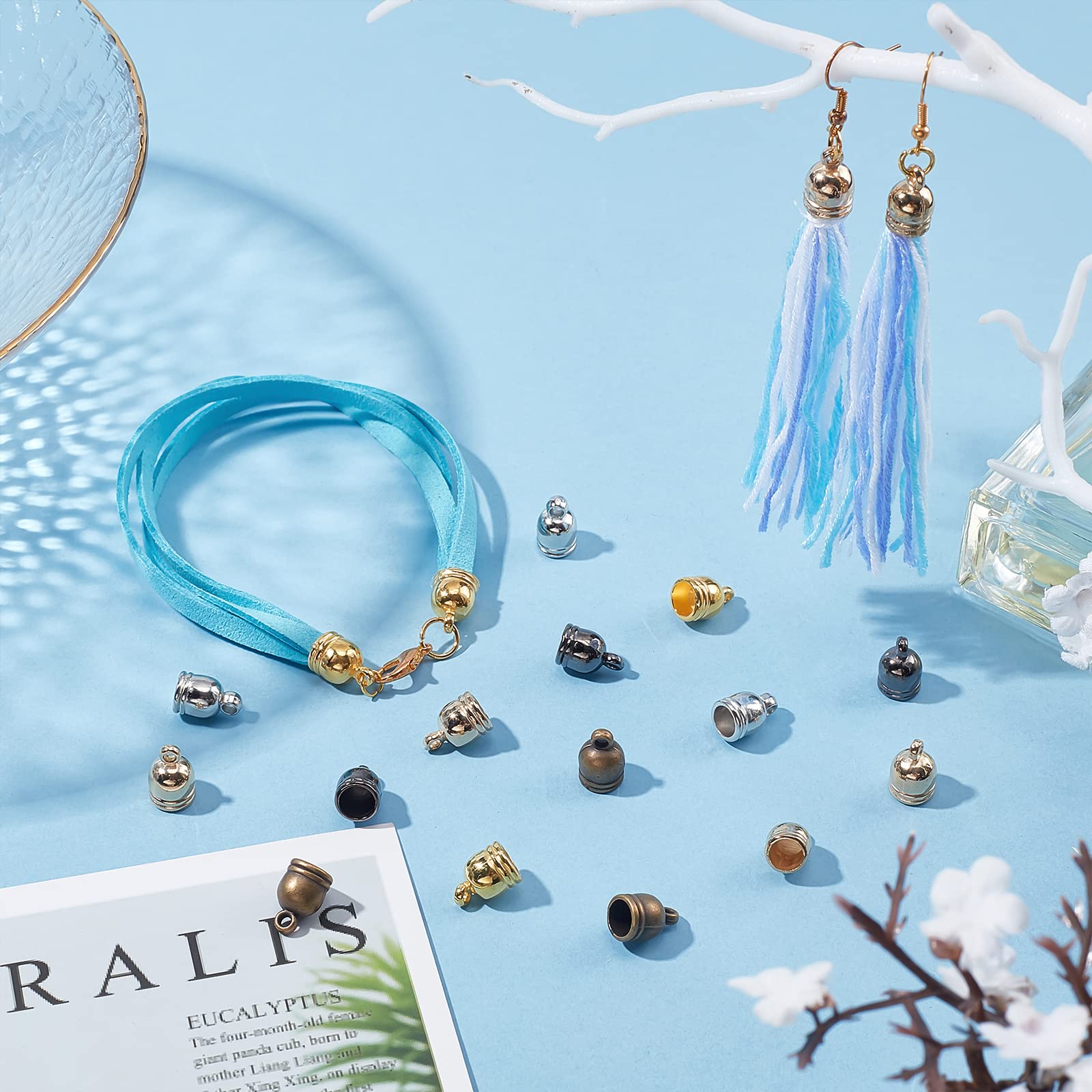 PH PandaHall 300pcs Cord End Cap 6 Style Plastic Tassel Caps Round Glue-in End Caps End Tip with Loop Ring Barrel Loop Kumihimo End Cap for DIY Tassel Earring Choker Bracelet Necklace Bag, 6/6.5mm ID