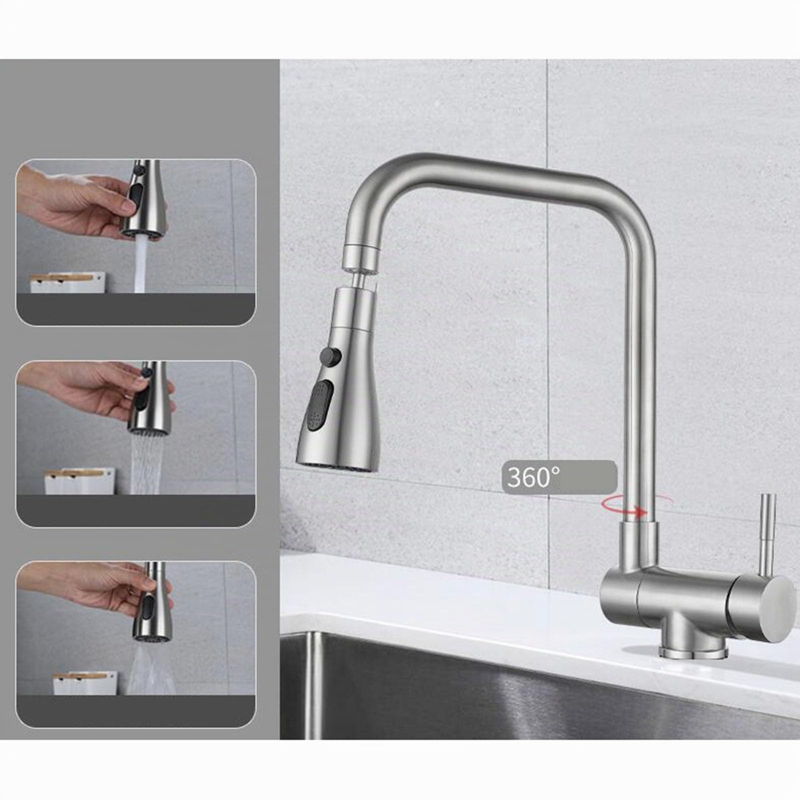 Vorfenster Küchenarmatur Klappbar Wasserhahn Küche Schwenkbar 3 Modus Edelstahl Spültischarmatur Vorfenster-Gebürstet