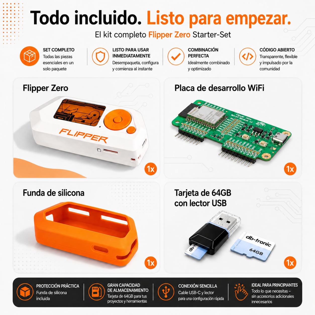 Flipper Zero Starter Full Set | Flipper Zero | Placa de Desarrollo WiFi | Funda de Silicona | Tarjeta de Memoria 64 GB | Lector de Tarjetas USB