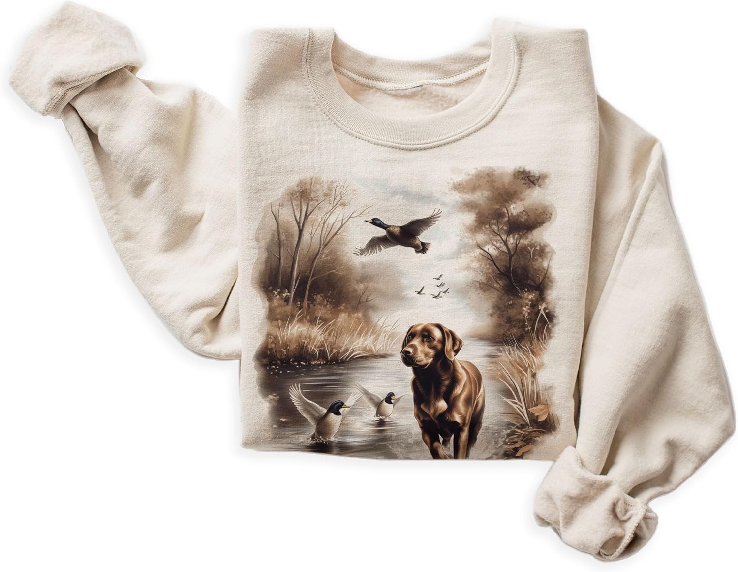 Vintage Chocolate Lab Hunting Dog Mallard Ducks Wilderness Scene Sweatshirt - 90s Vintage Duck Pond Outfit - Scenic Cozy Fall Autumn Nature Sweater - Unisex Graphic Crewneck Pullover