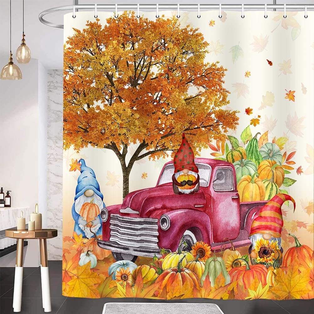 Gnomes Harvest Fall Decor Shower Curtain, Autumn Tree Retro Red Truck Pumpkin Sunflowers Fall Leaves Bath Curtain, Waterproof Polyester Bathroom Accessories Sets with Hooks, 72x84