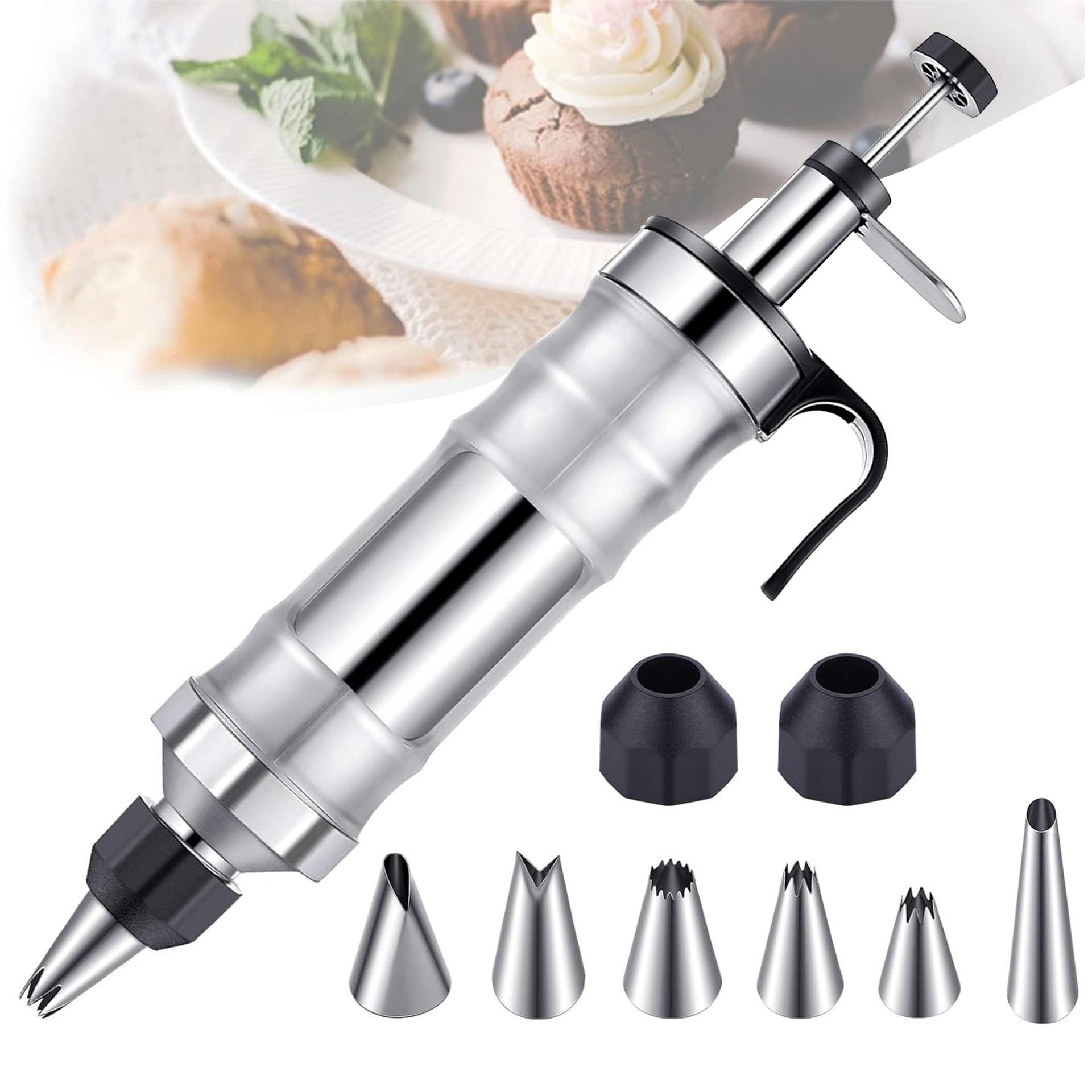 Seringue de décoration de gâteau, seringue à beignets en acier inoxydable, seringue à glaçage, seringue à pâtisserie, kit d'outils de cuisson DIY avec 6 buses, accessoires de gâteau pour
