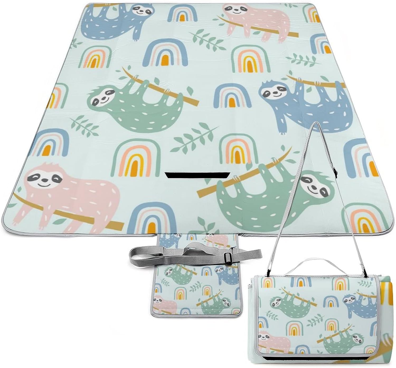 Funny Cute Sloths PortableAnd Extra Large Picnic & Outdoor Blanket Modern Boho Mid Century Colorful Rainbow Baby Sloth for Outdoor Picnics, Beach, Camping 58.3x58.3 Inch