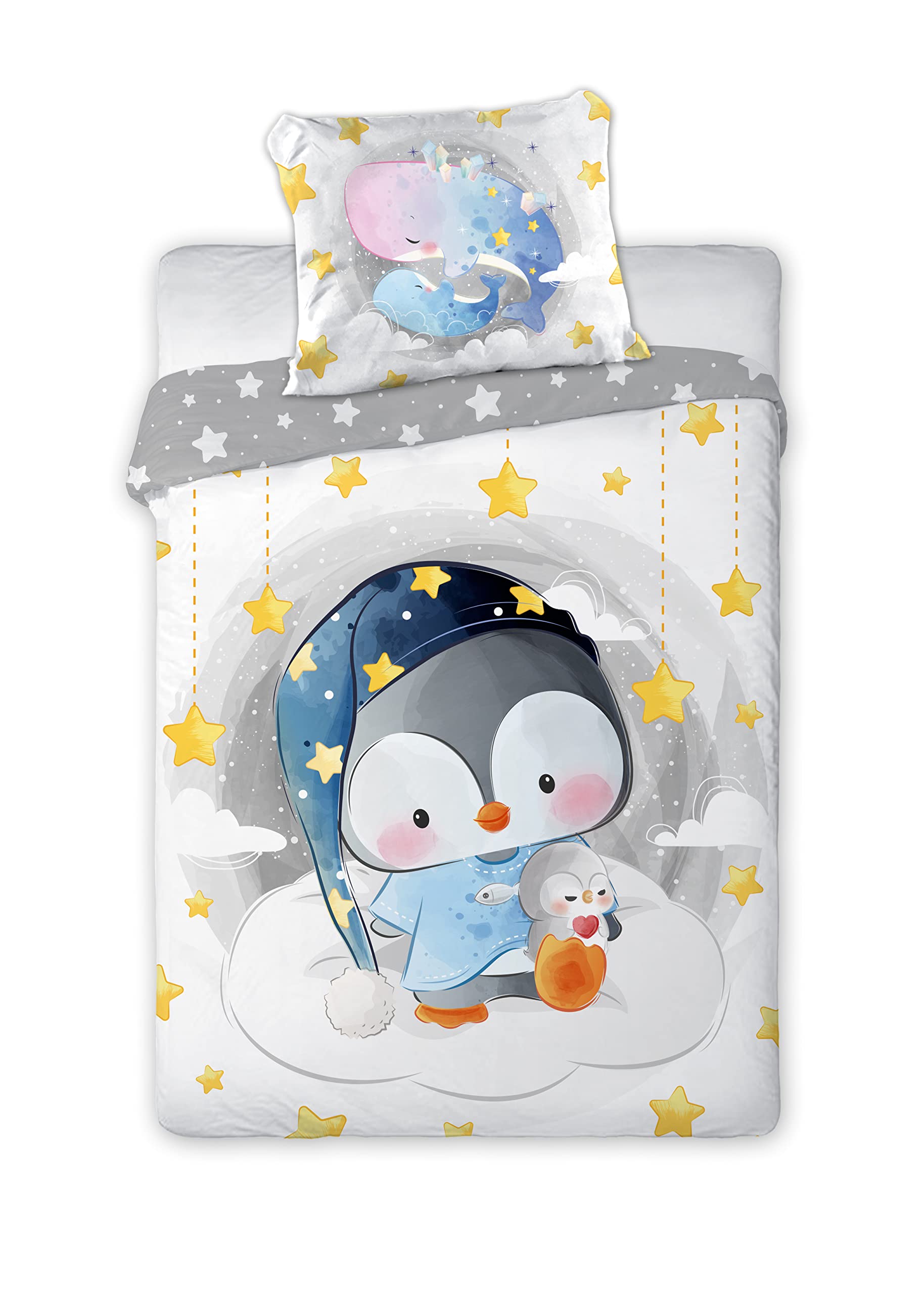 Arle-Living 3 TLG. Baby Kinder Bettwäsche Set - Pinguin Schlafmütze - 100x135 cm + 40x60 cm + 1 Spannbettlaken in weiß 60x120-70x140 cm -100% Baumwolle