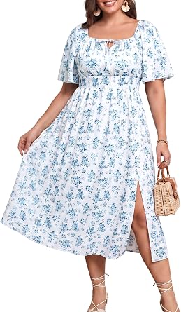 Pinup Fashion Plus Size Summer Floral Sun Boho Casual Wedding Midi Dress | Square neck, milkmaid sundress, flutter short sleeves, smocked waist, slit hem, perfect for beach vacation, holiday, party