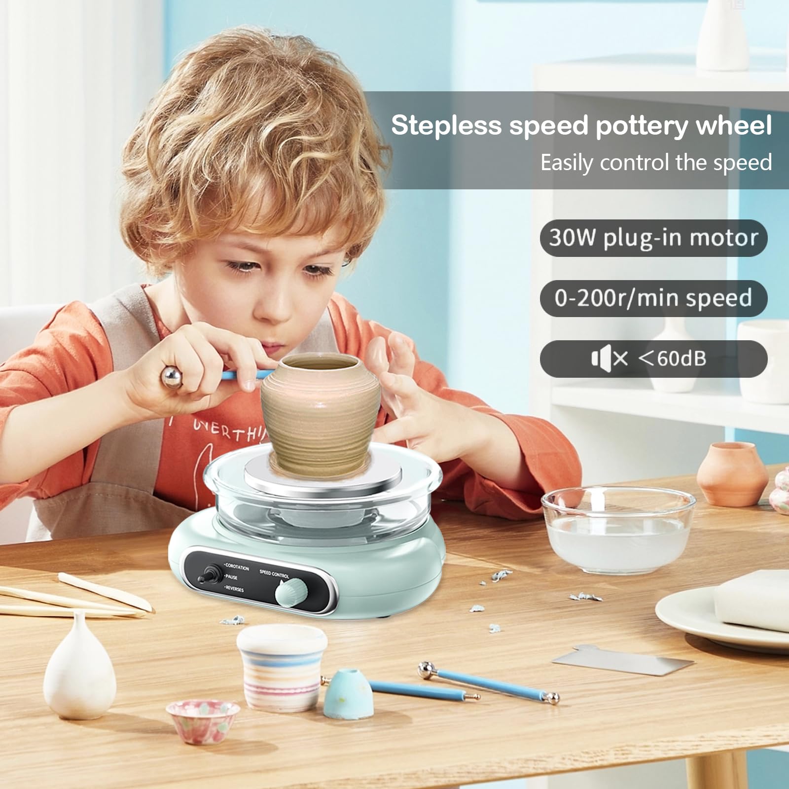 Kit de Poterie pour Enfants, Mini Tour de Poterie Électrique, Machine à Poterie Travail Céramique DIY Double Contrôle avec Pédale Machine Tour Argile Amovible, pour Débutants Activité Manuelle