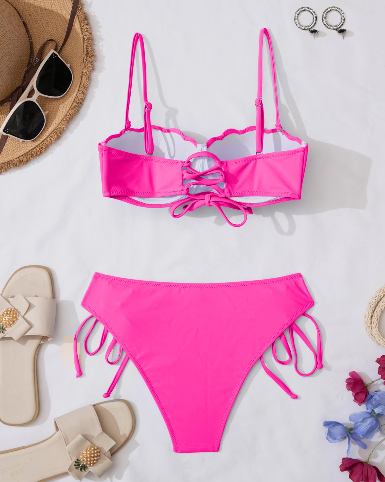 KerryKreey Underwire Swimsuits for Women Push Up Bikini Sets High Cut Cheeky Two Piece Lace Up Tie Side Bathing Suits: Large Hot Pink Bikini Sets