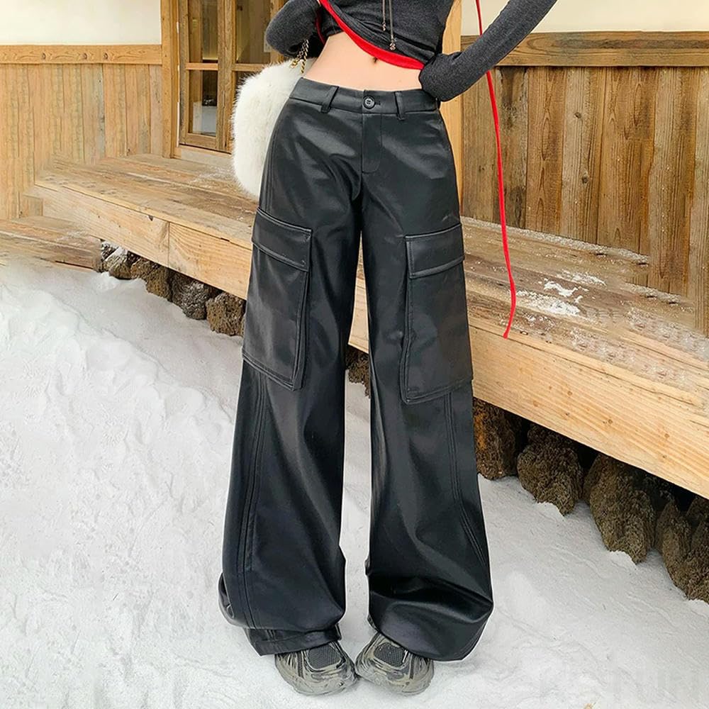 GLDFW styl chłopaka dziewczęce skórzane spodnie niski stan szerokie nogawki luźne proste vintage streetwear bojówki spodnie damskie spodnie