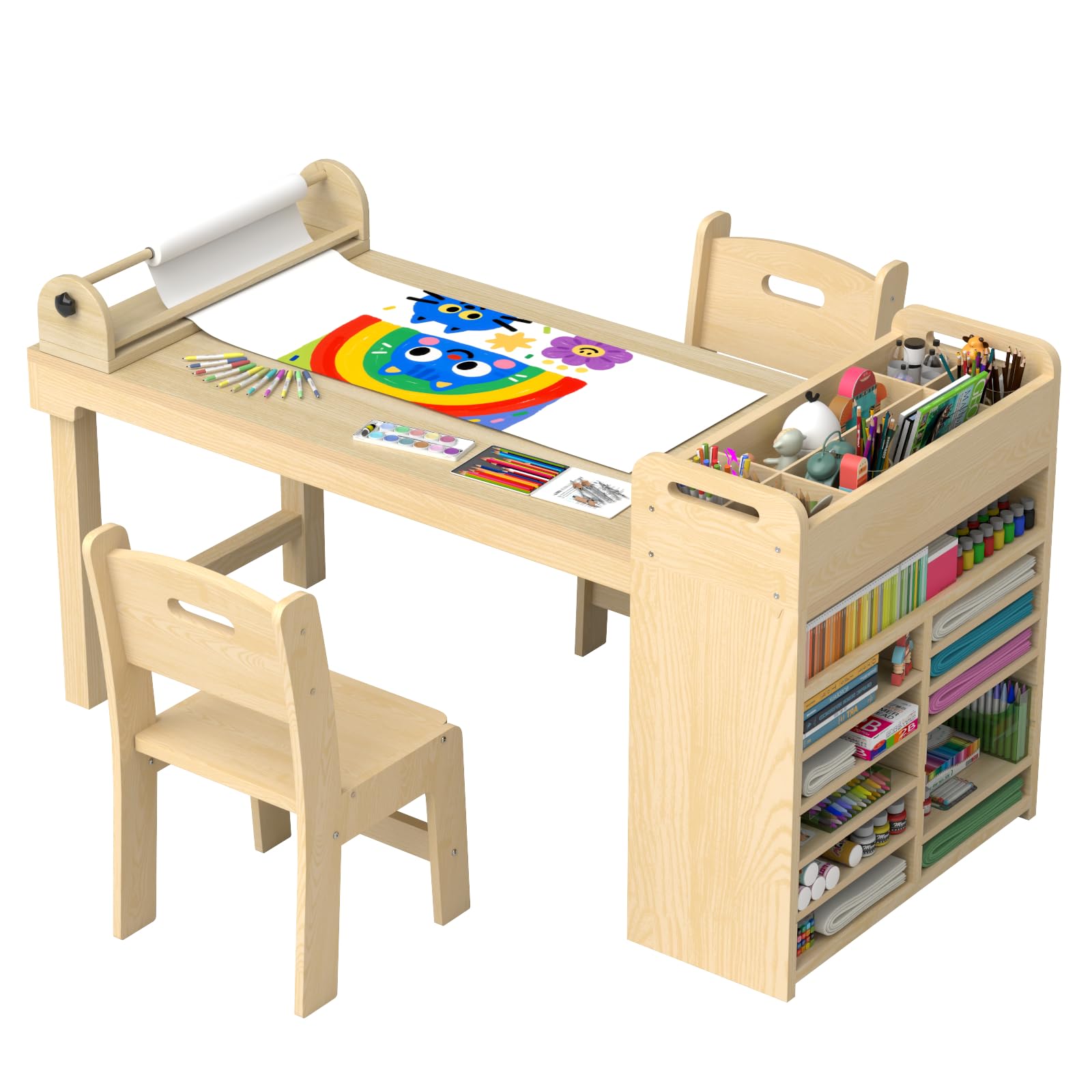 SFDOU 45.3″L x 23″W Kids Art & Craft Table and 2 Chairs Set, Portable Supply Organizer and Paper Roll Rack, Art Desk and Craft Tables for Kids,Toddler