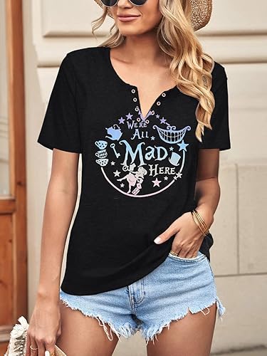 Miniatura 4 de ASTANFY - Camiseta para mujer "We're All Mad Here", con estampado mágico, lindas camisetas gráficas, tops casuales de manga corta para vacaciones
