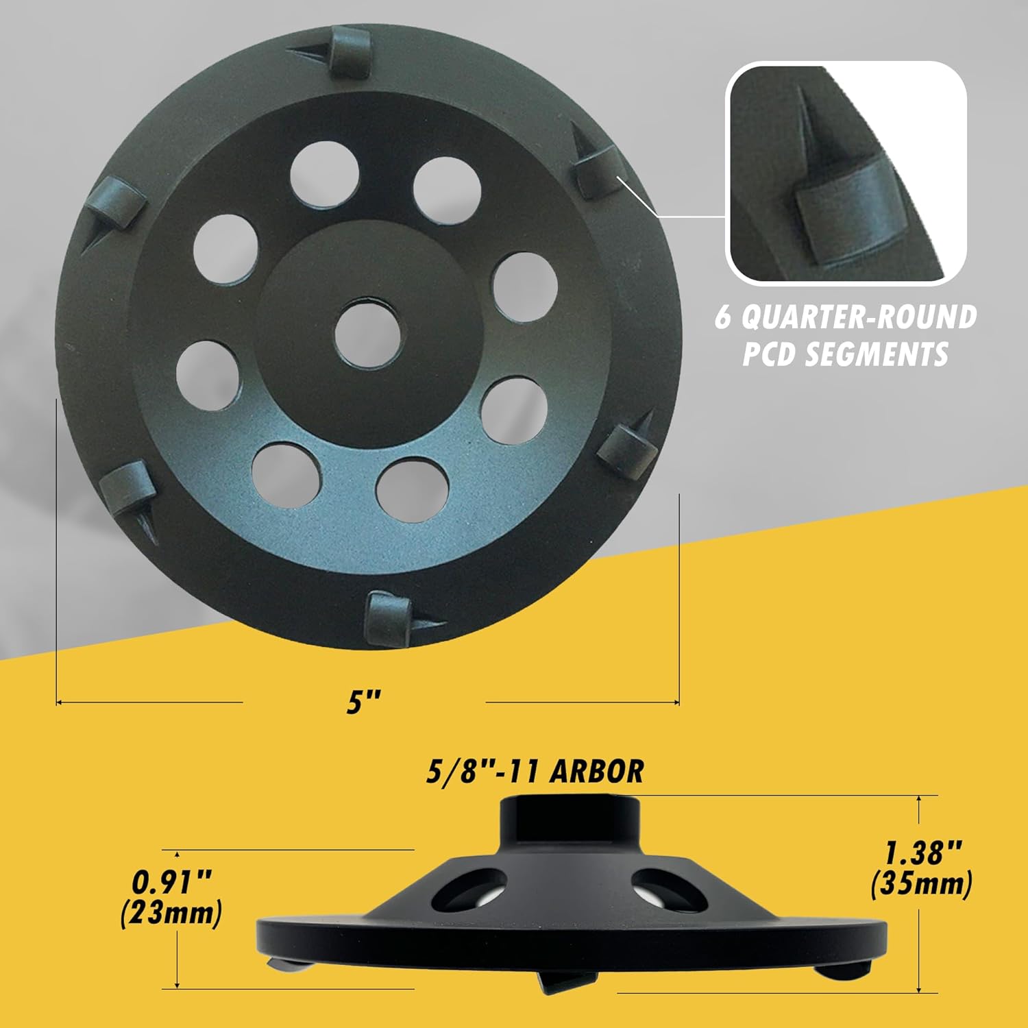 5" PCD Grinding Wheel for Epoxy, Glue, Mastic and Paint, 6 PCD Segments, 5/8"-11 Threaded Arbor