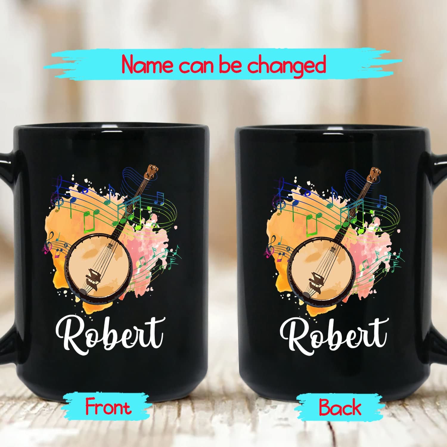 Personalized Name Banjo Coffee Mugs Gifts For Banjo Player Music Teacher Birthday, Customized Banjo Musician Instruments Travel Coffee Cup, Banjo Lover Black Ceramic Mug, Banjo Player Mug 11 Oz 15 Oz