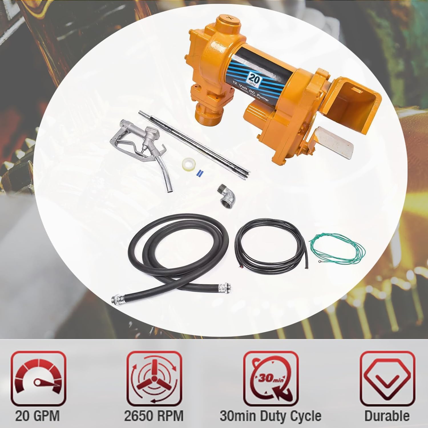 20GPM 12V Yellow Fuel Transfer Pump 50amp Fuse with Discharge Hose & Manual Nozzle for Transfer of Gasoline, Diesel, Kerosene, Ethanol & Methanol Blends & Biodiesel