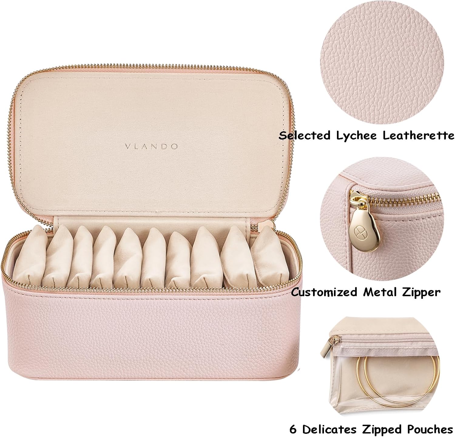 VLANDO Travel Jewelry Box Organizer – Portable PU Leather Jewelry Case with 6/8/12 Zippered Pouches, Compact Storage for Earrings Rings Necklaces Bracelets, Rosy Mauve