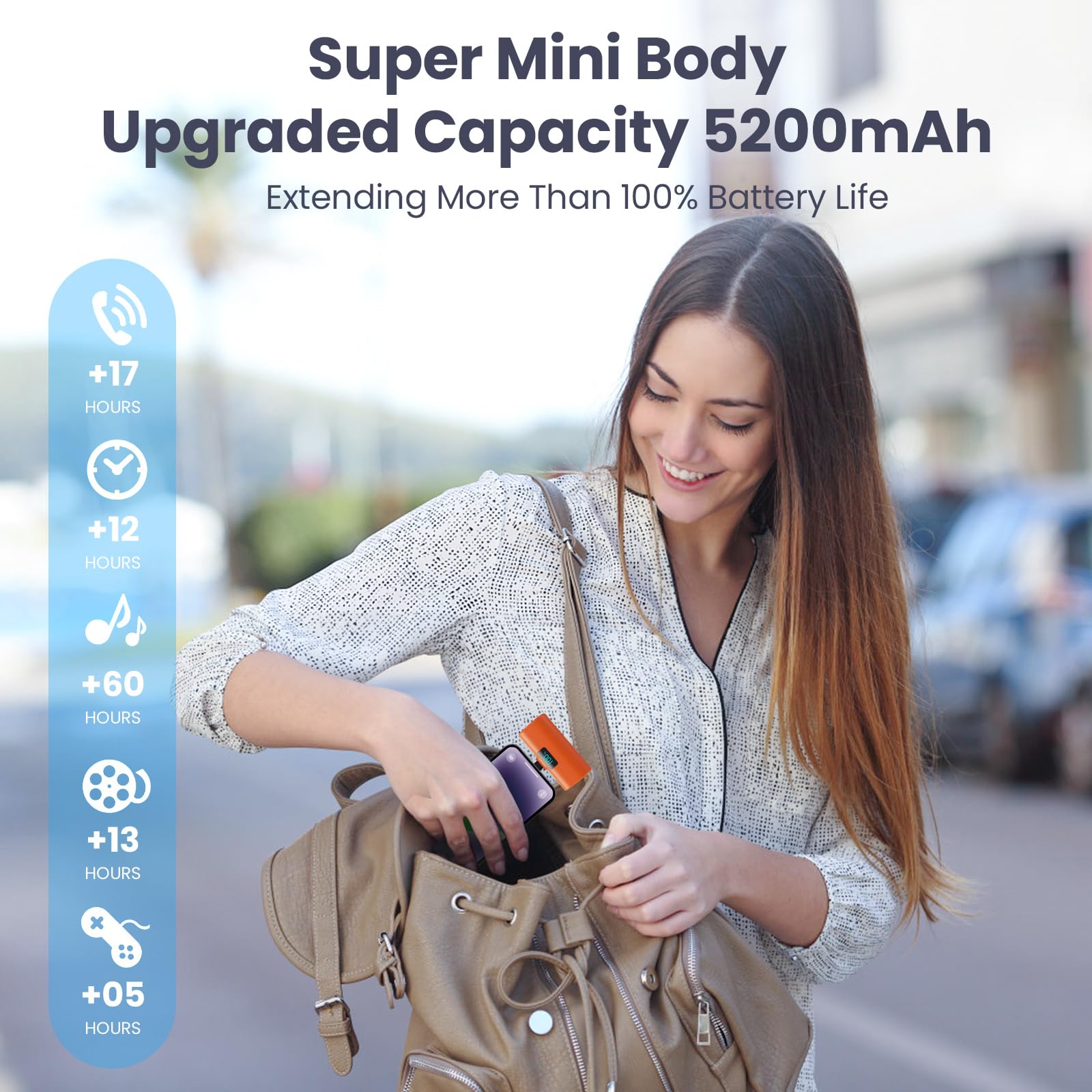 Mini Power Bank 5200mAh, 20W PD Ricarica Rapida Powerbank, Ultra Compatto Caricatore Portatile con LCD Display Batteria Esterna per iPhone 14/14Pro/13/13 Pro/12/12Pro/11/X/XR/8/7/6 ecc-Arancio